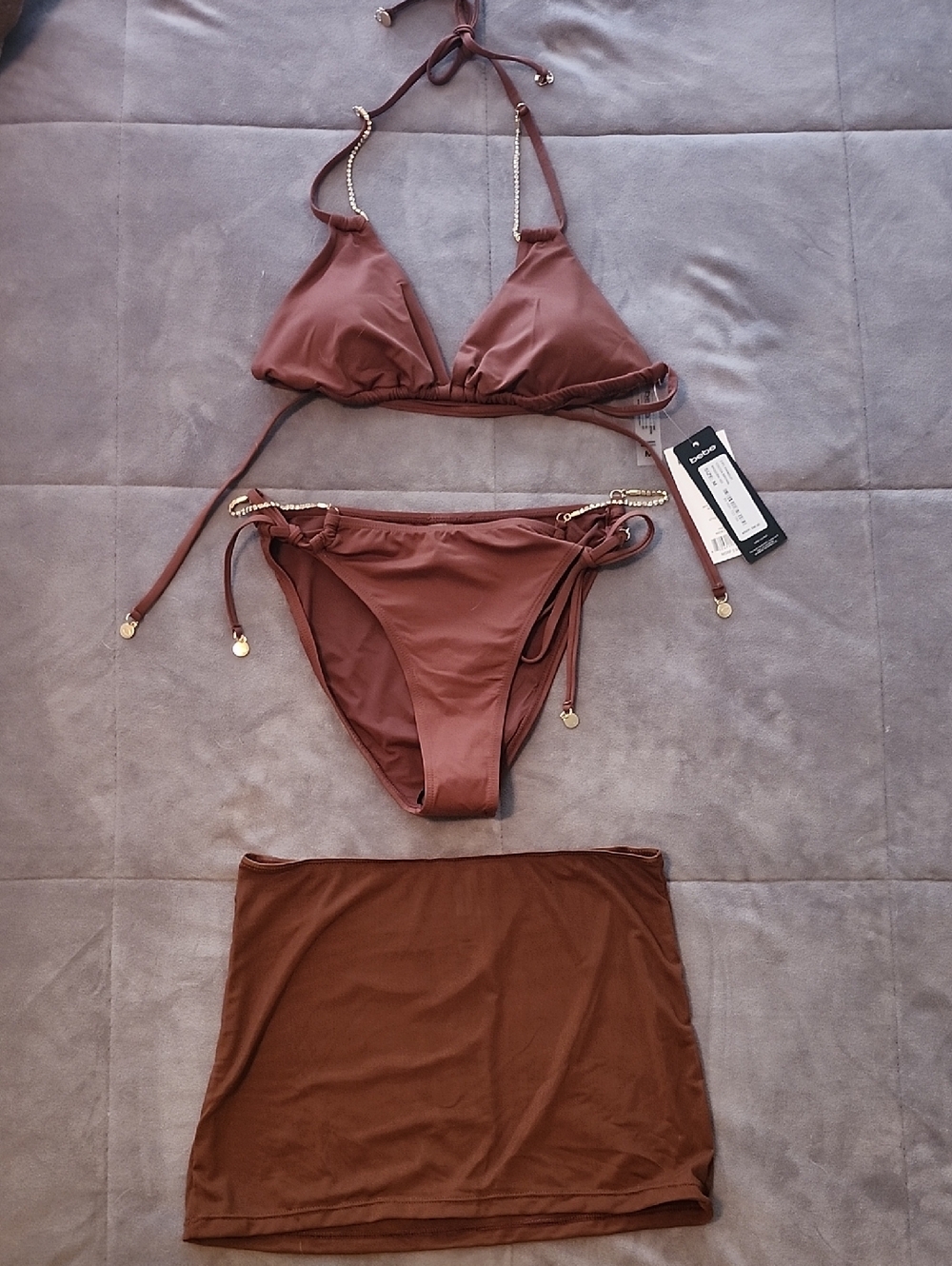 bebe Brown Triangle Bikini Set with Skirt/Sarong